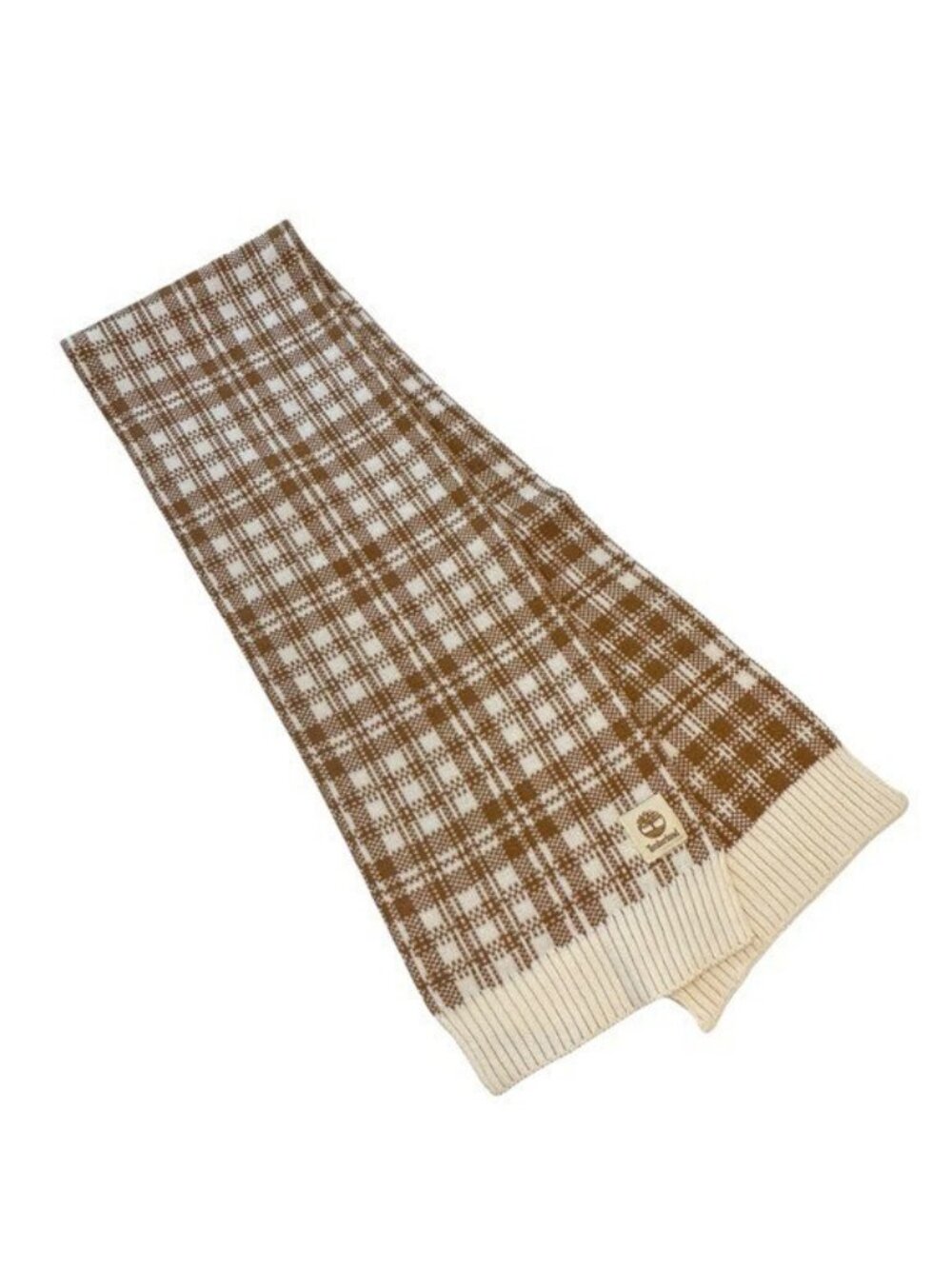 Timberland Buffalo Plaid Knit Scarf Camel Brown Cream Logo Winter Unisex Warm